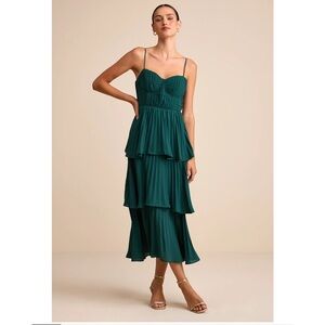 Lulus Cascading Crush Emerald Green Tiered Bustier Midi Dress Medium